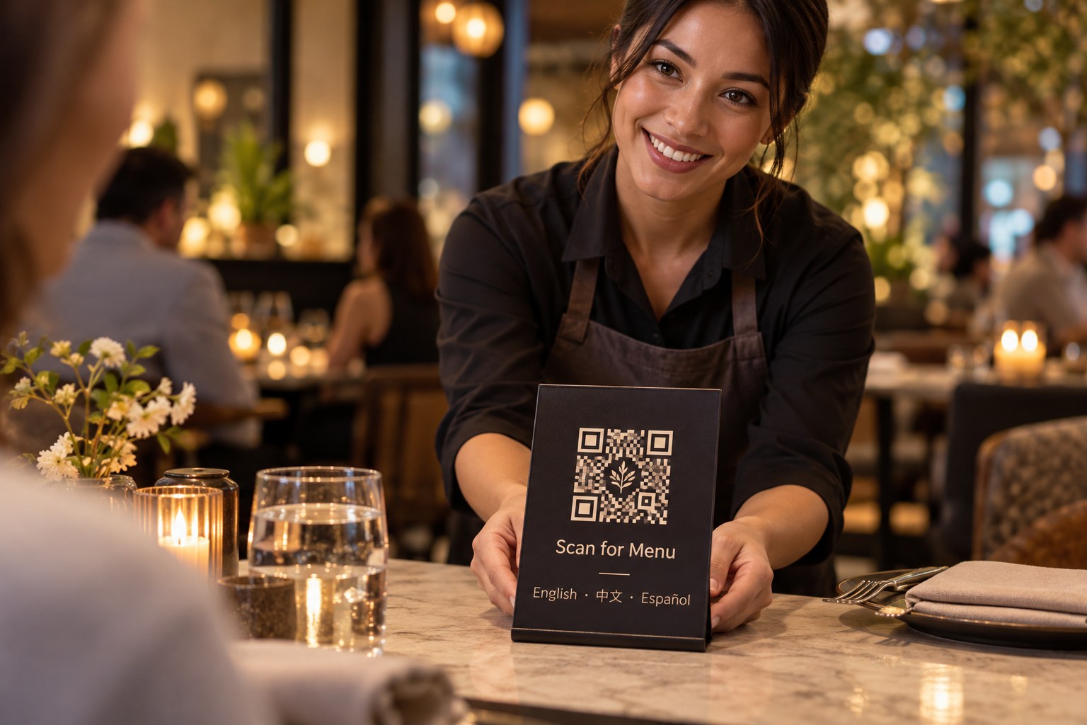 A server presents a QR menu stand to a guest.