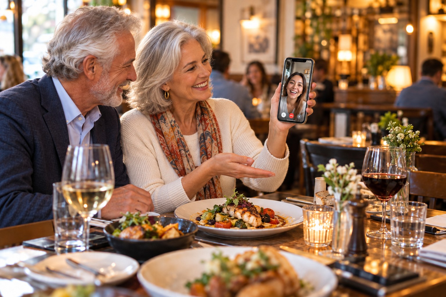An older couple shares dinner with their daughter over a video call.