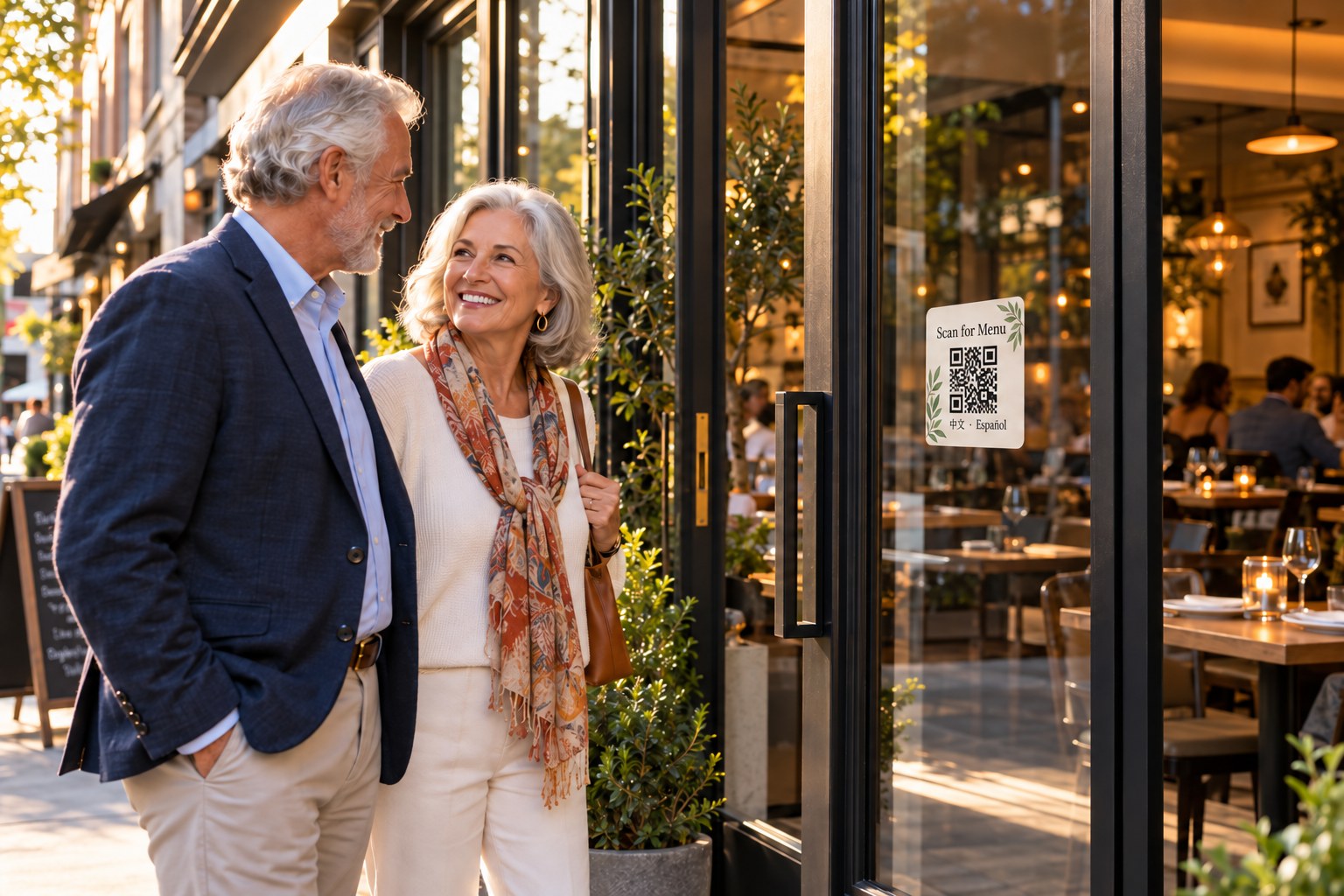 An older couple discovers a multilingual menu at the restaurant window.